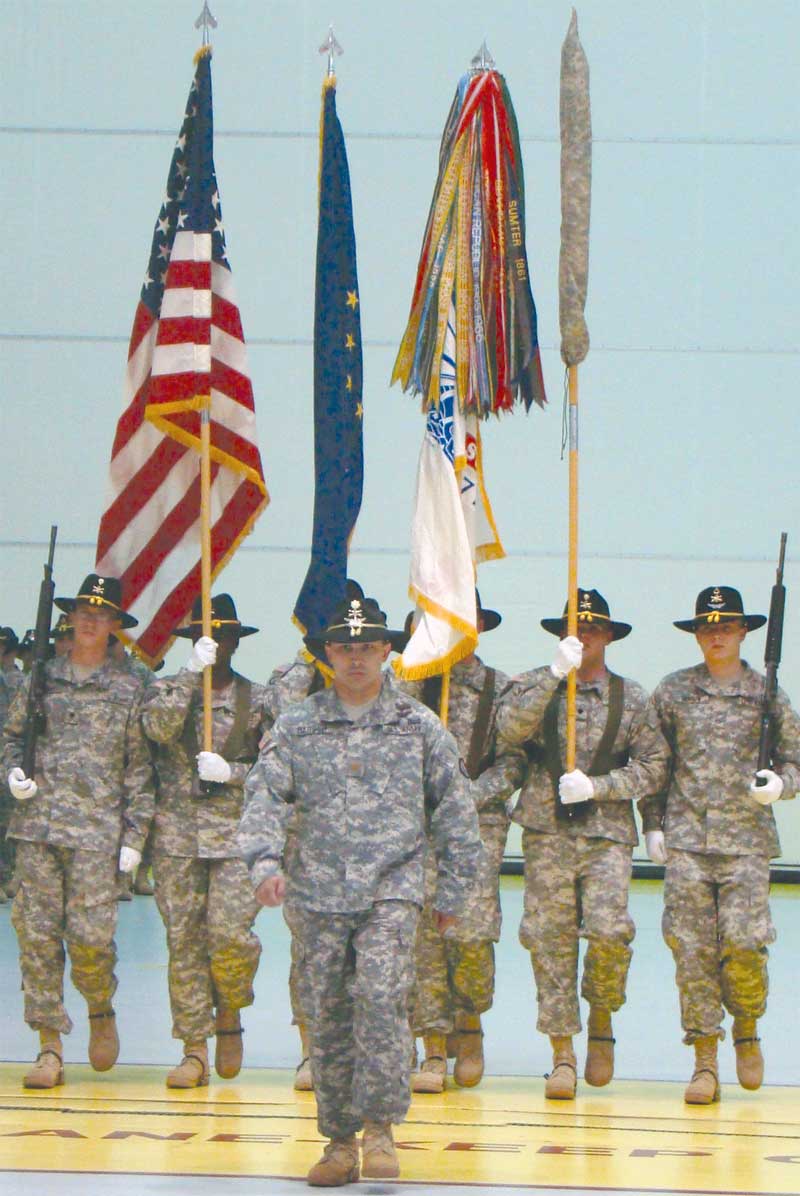 Maj. David Barber, commander of troops, leads the color guard forward at the redeployment ceremony for 6th Squadron, 17th Cavalry Regiment, Aug. 19.